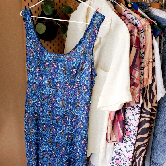 Handmade blue floral semi sheer midi dress zipper back navy sleeveless vintage - Picture 5 of 7